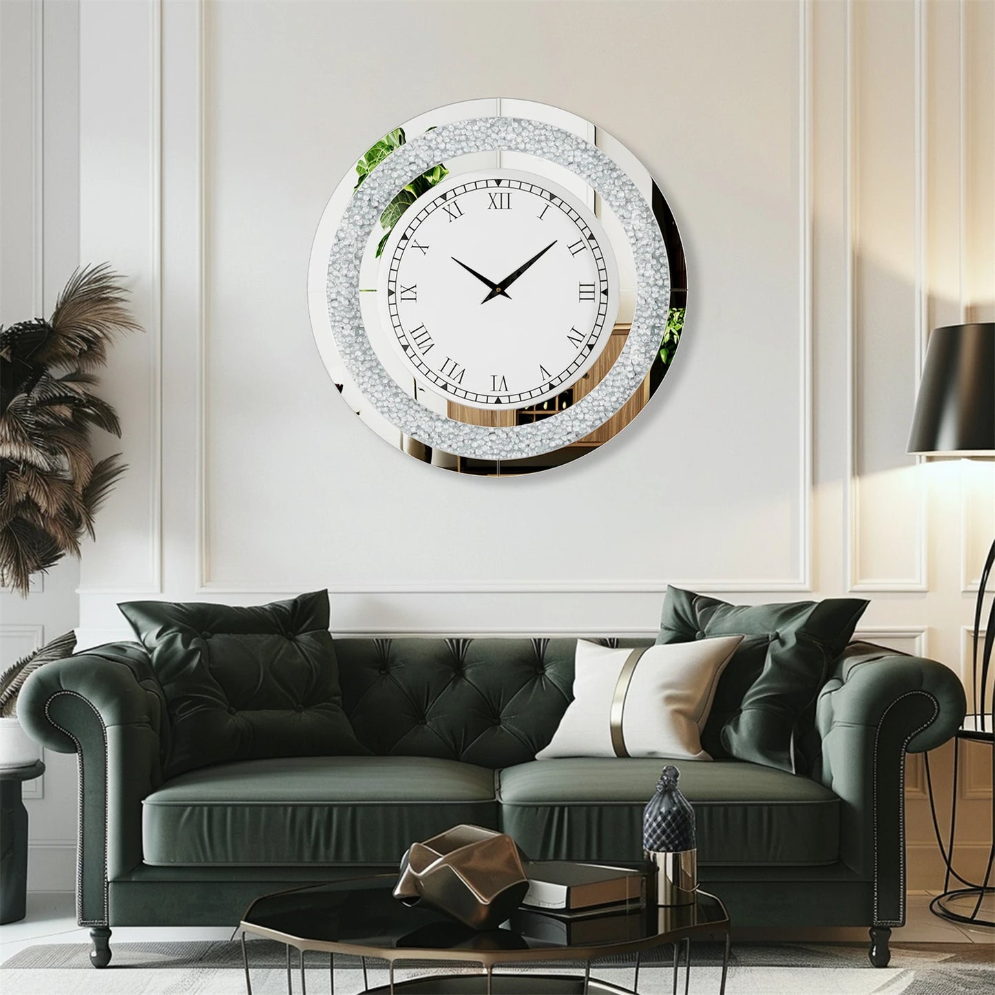 60/80CM Bling Silver Round Mirror Clock Glam Sparkle Twinkle Shining Mirrored Wall Clock for Home Decor