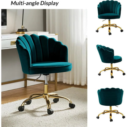 Velvet Home Office Chair with Gold Base, Womans Modern Cute Shell Back Upholstered Desk Chair for Vanity, Adjustable