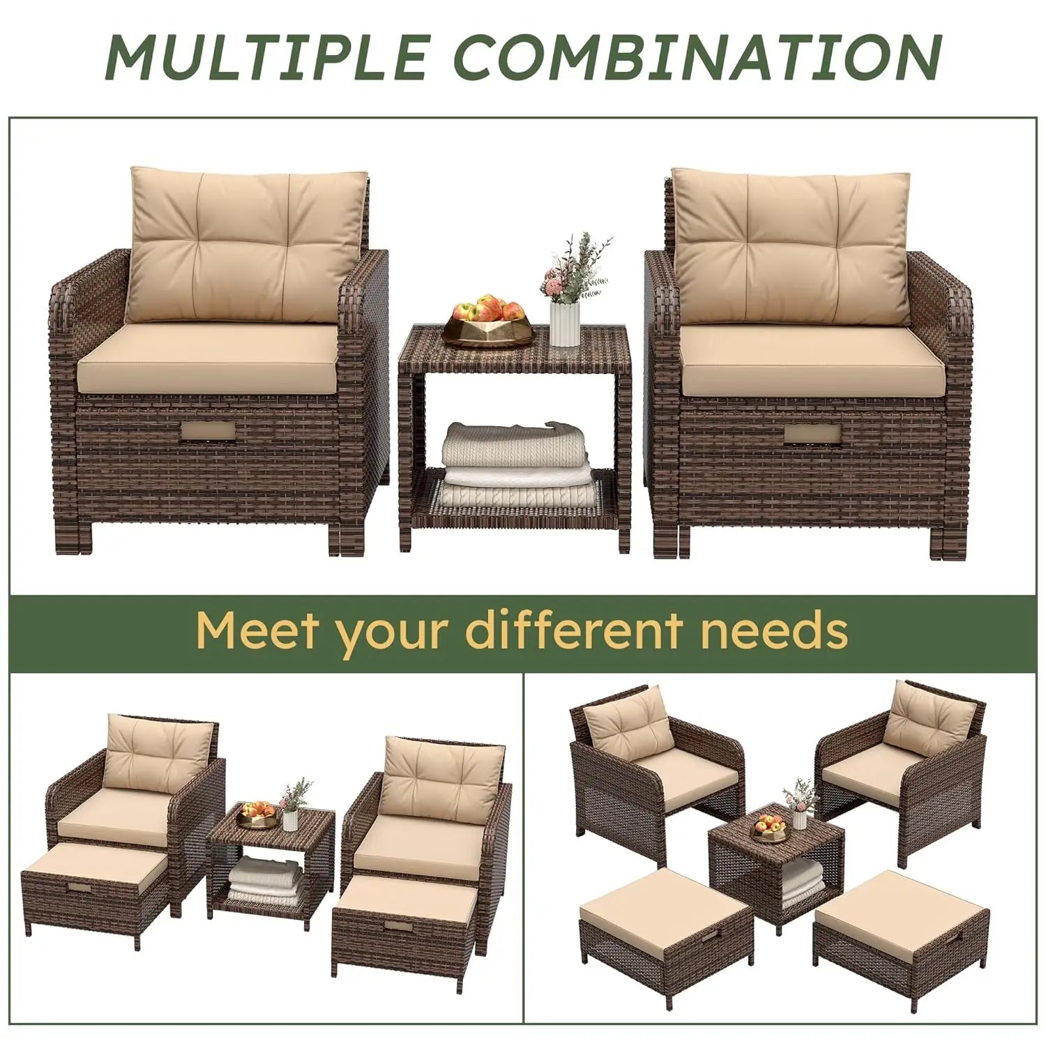 5 Piece PE Outdoor Furniture Set Soft Cushions Coffee Table Hidden Ottoman Porch Lawn Garden Balcony, Customized