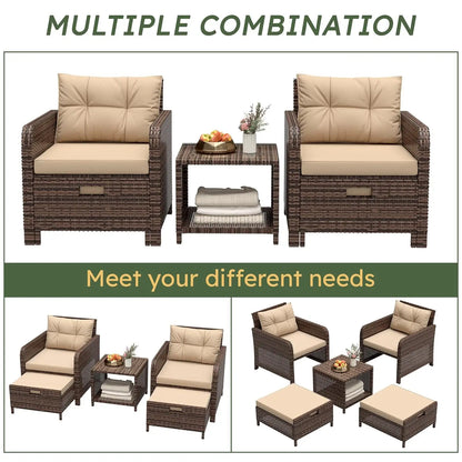 5 Piece PE Outdoor Furniture Set Soft Cushions Coffee Table Hidden Ottoman Porch Lawn Garden Balcony, Customized