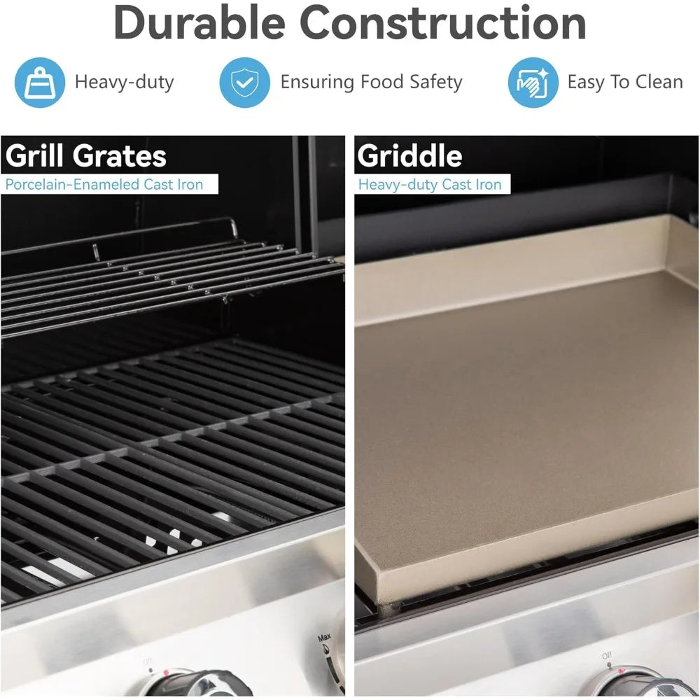 5 Burner Griddle Grill Combo, 2 in 1 Propane Gas BBQ Grill with Porcelain-Enameled Cast Iron Grates & Pan, Outdoor Flat Top Grid