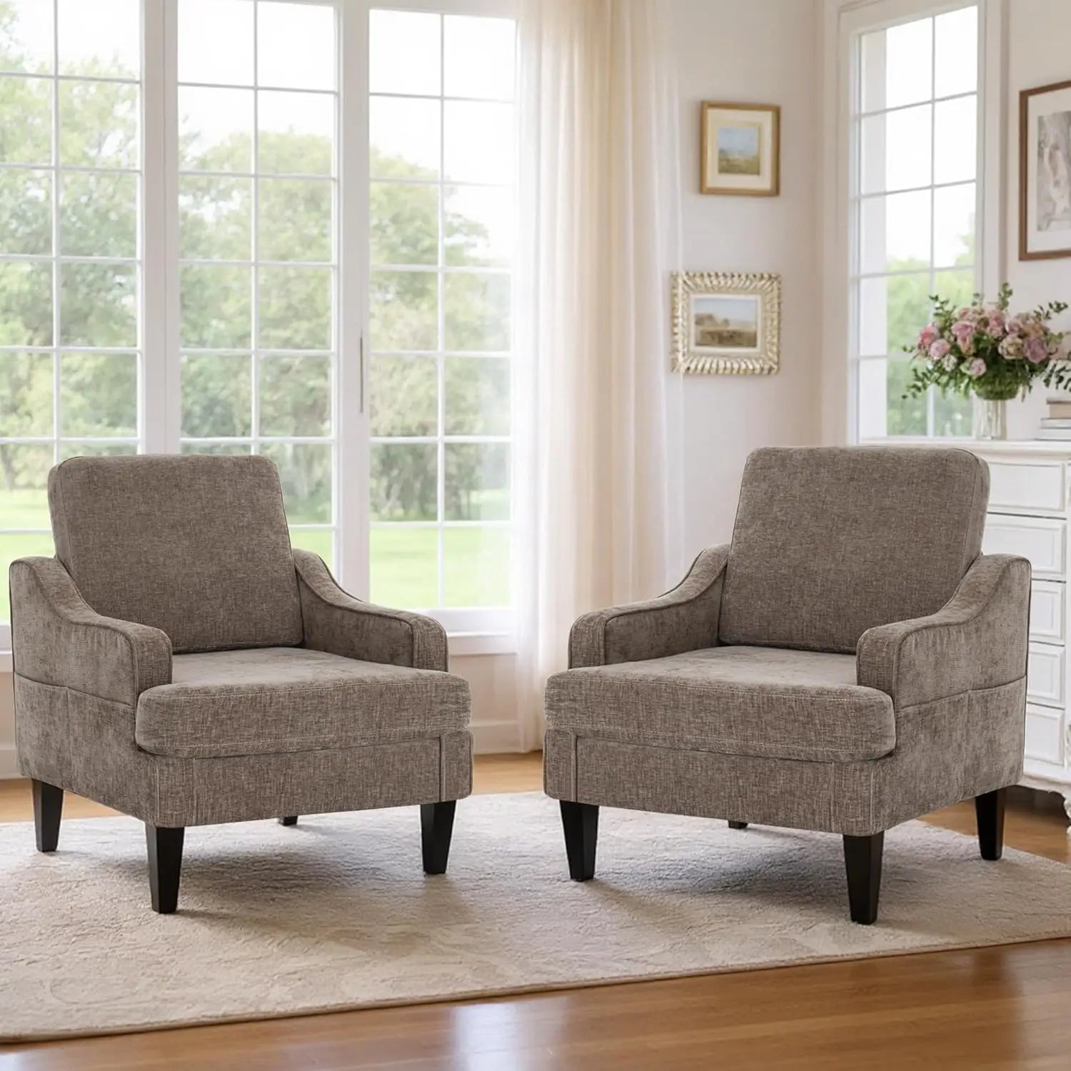 Accent Chairs Set of 2,Mid-Century Arm Chairs Chenille Fabric Living Room Chairs,Upholstered Reading Chairs for, Customized
