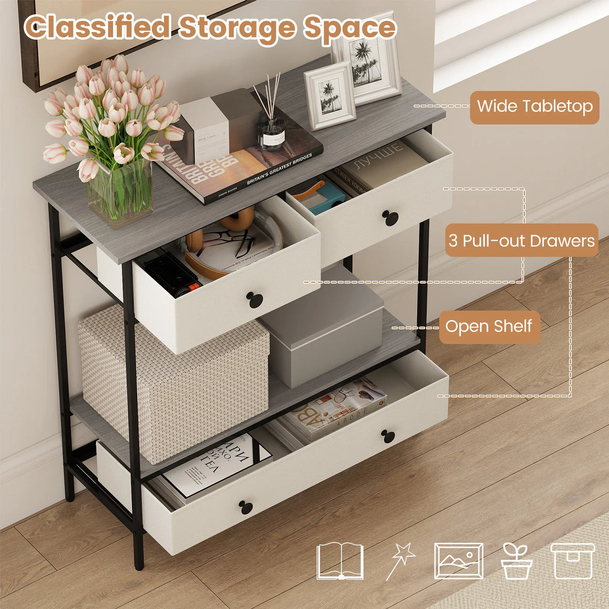 HOMASIS Farmhouse Console Table With Fabric Drawers And Open Shelf