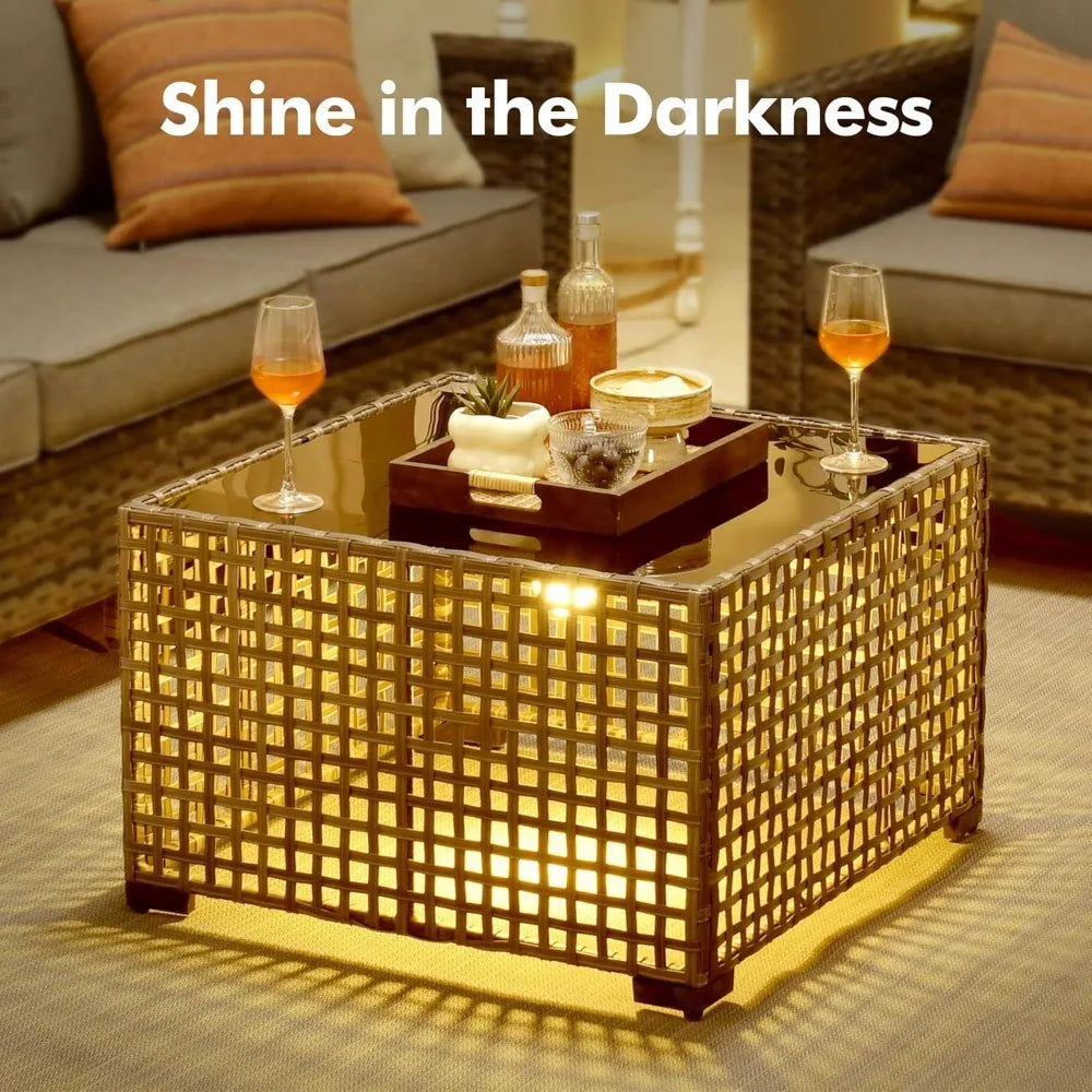 4-Piece Outdoor Patio Furniture Set,All Weather Wicker Rattan Patio Seating Sofa and Chair Set with Glowing Coffee Table,Outdoor