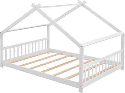Full House Beds White Montessori Bed Wood Frame Kids Floor Bed with Headboard &amp; Footboard
