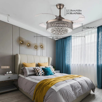 Oukaning Modern Dimmable Crystal Ceiling Fan with Lights Remote Invisible Retractable Chandelier Fandelier Light Led Lighting-Po
