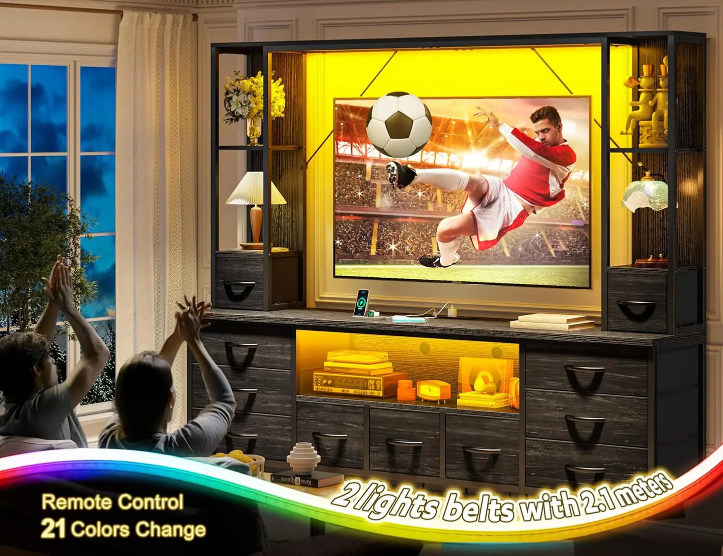 65" TV Stands for Living Room, Large Wall Unit Entertainment Center with 11 Fabric Drawer,Dresser TV Stand with 2 LED Lights