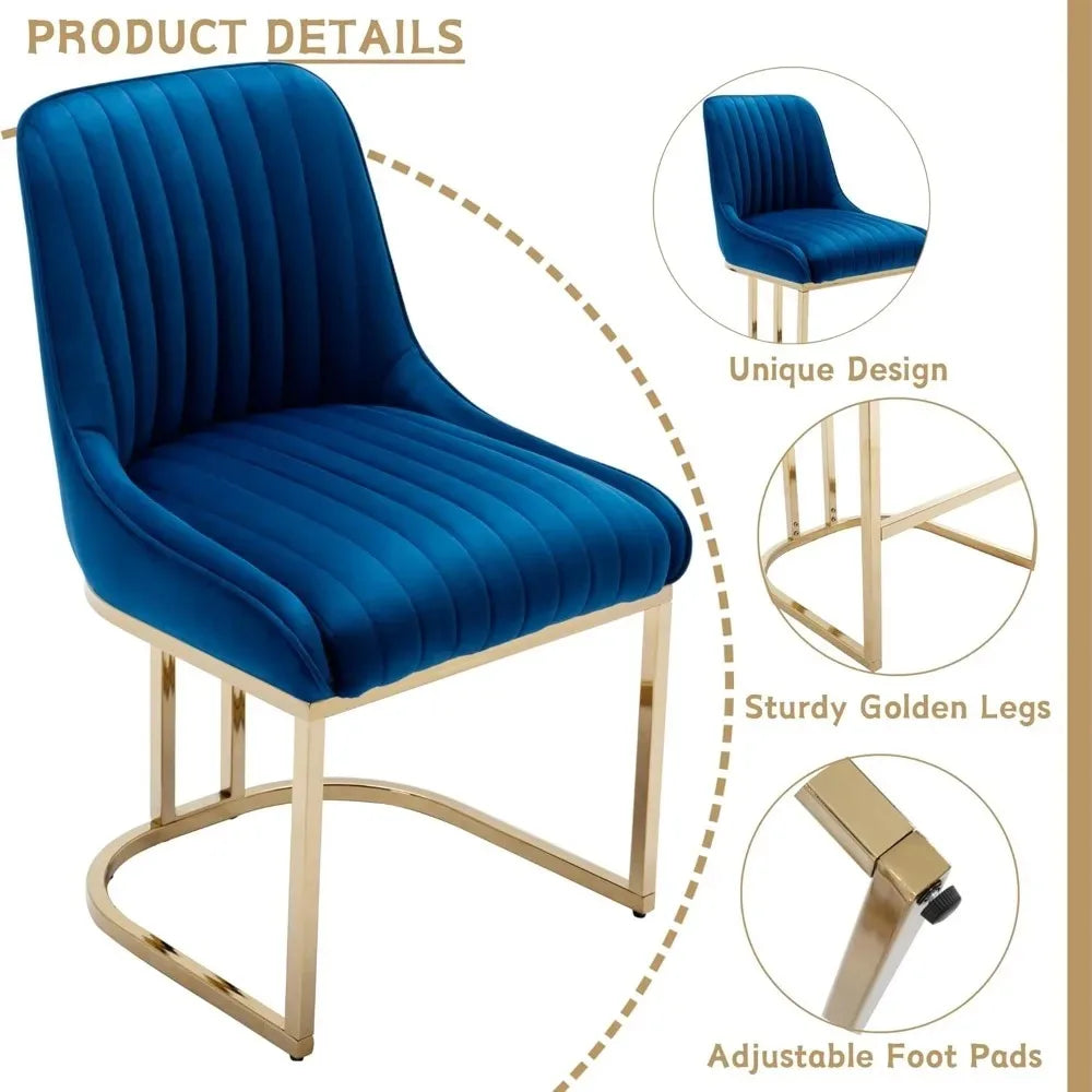 Modern Velvet Dining Chairs Set of 2, Gold Metal Legs, Blue Upholstered Kitchen/Living Room Side Chairs