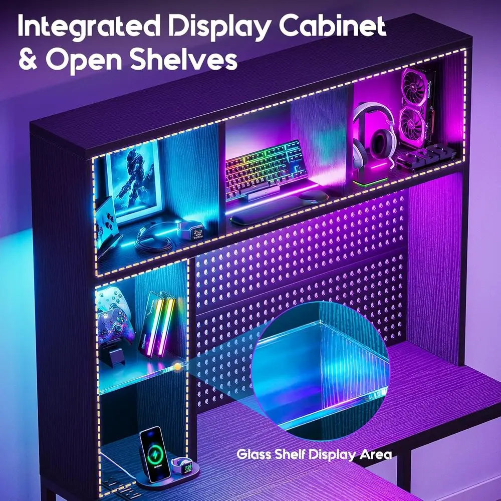 L Shaped Gaming Desk With Hutch, Pegboard, Shelves, LED Lights