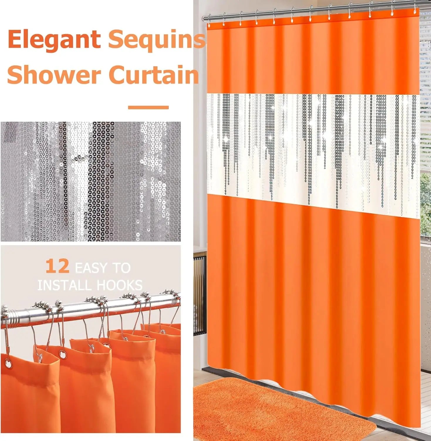 Sparkling Orange Bathroom Set with Sequin Shower Curtain and Soft Rugs - Complete Decor Kit