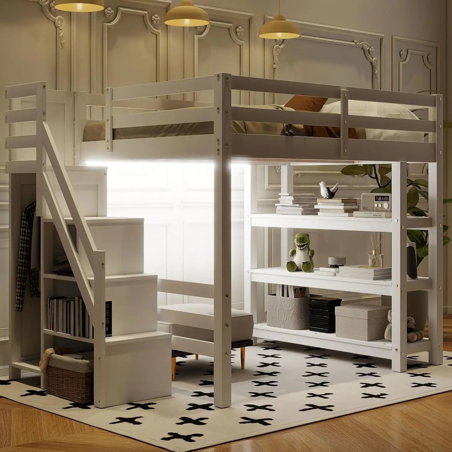 Full Wood Gaming Loft Bed Desk Storage Shelves LED Charging Station Kids Bedroom No Box Spring, Customized
