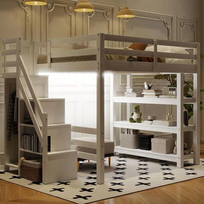 Full Wood Gaming Loft Bed Desk Storage Shelves LED Charging Station Kids Bedroom No Box Spring, Customized