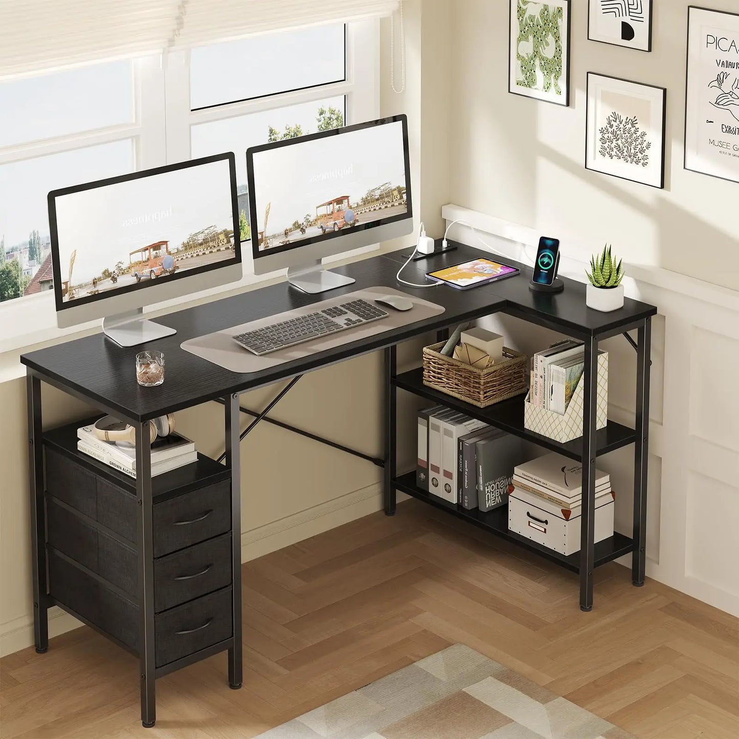 JHK L Shaped Desk With Shelf Drawers And Power Outlet