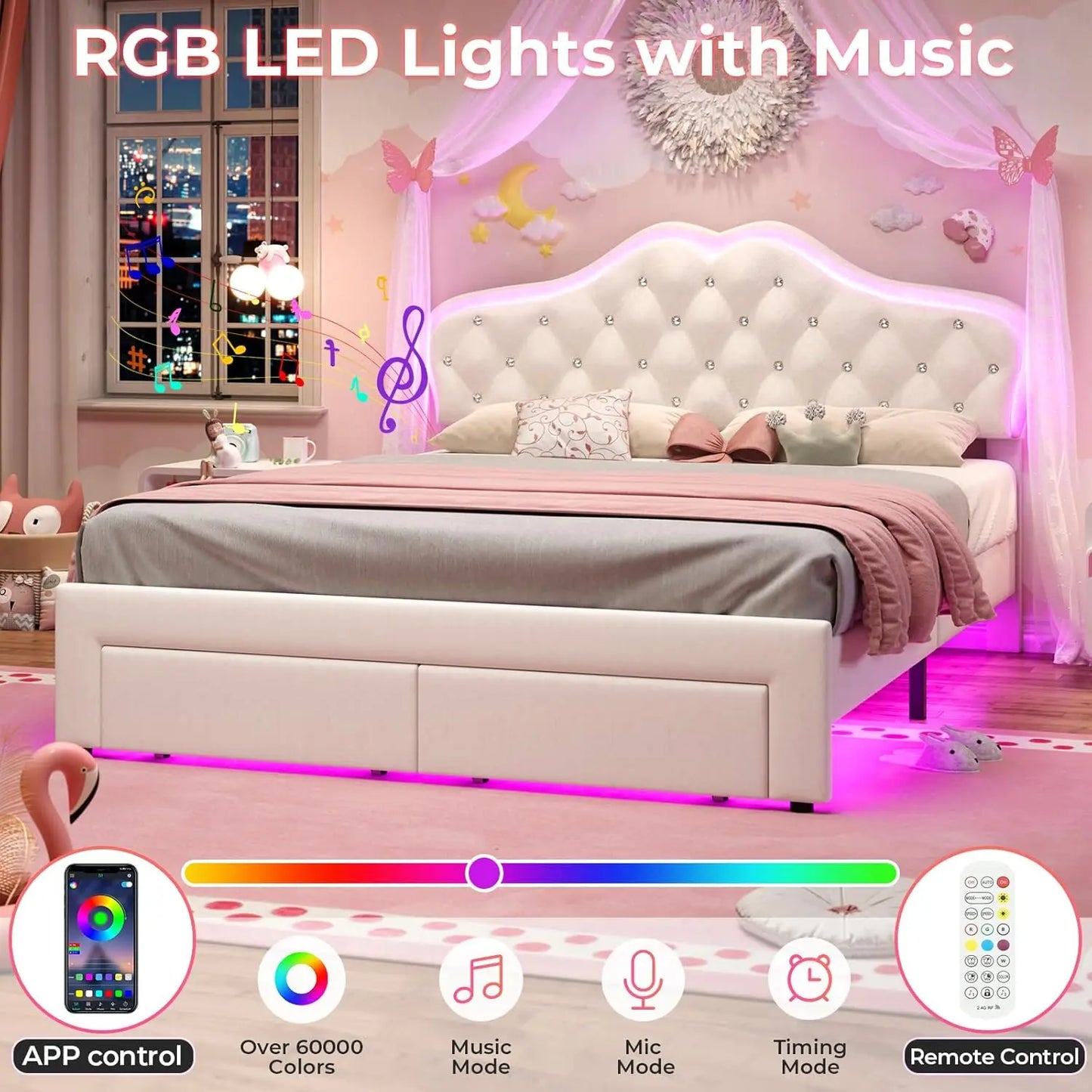 Velvet Bed With LED Lights Adjustable Headboard Storage Drawers