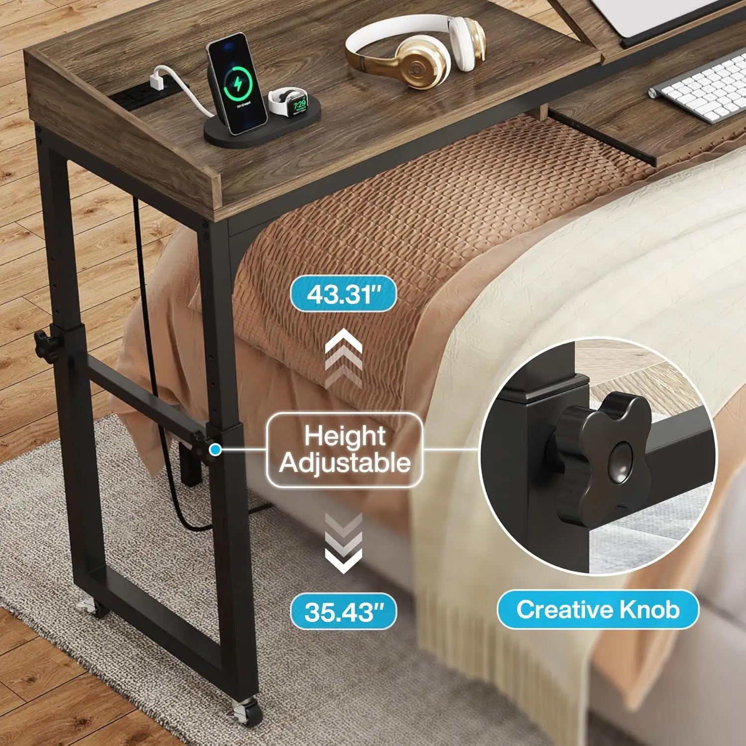 Height Adjustable Overbed Table with Wheels, Queen Size Over Bed Desk with Adjustable, Mobile Laptop Cart Computer Desk