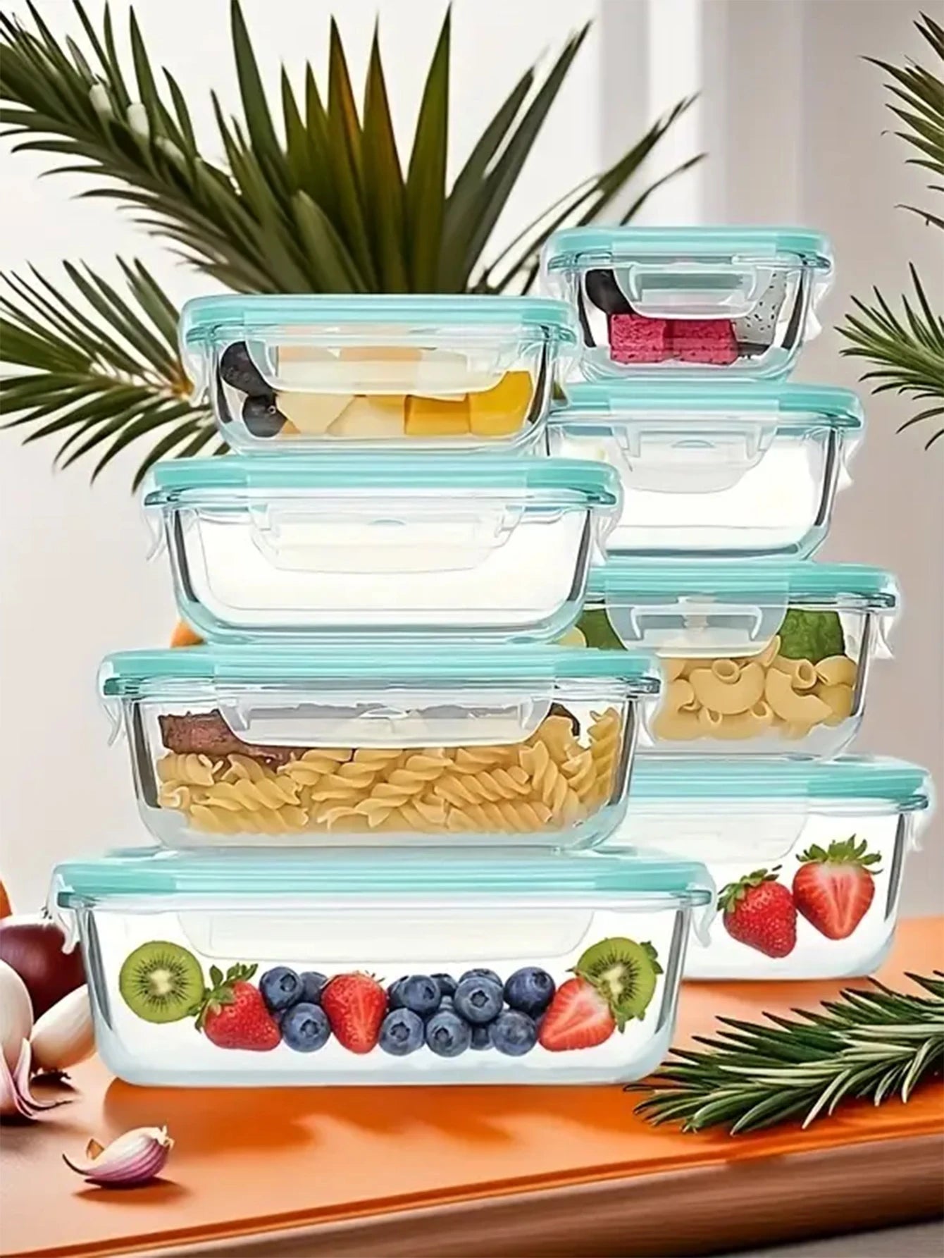 8pcs/blue glass meal prep container set, suitable for microwave, oven, fruit snacks, leftovers, kitchen freshness and storage