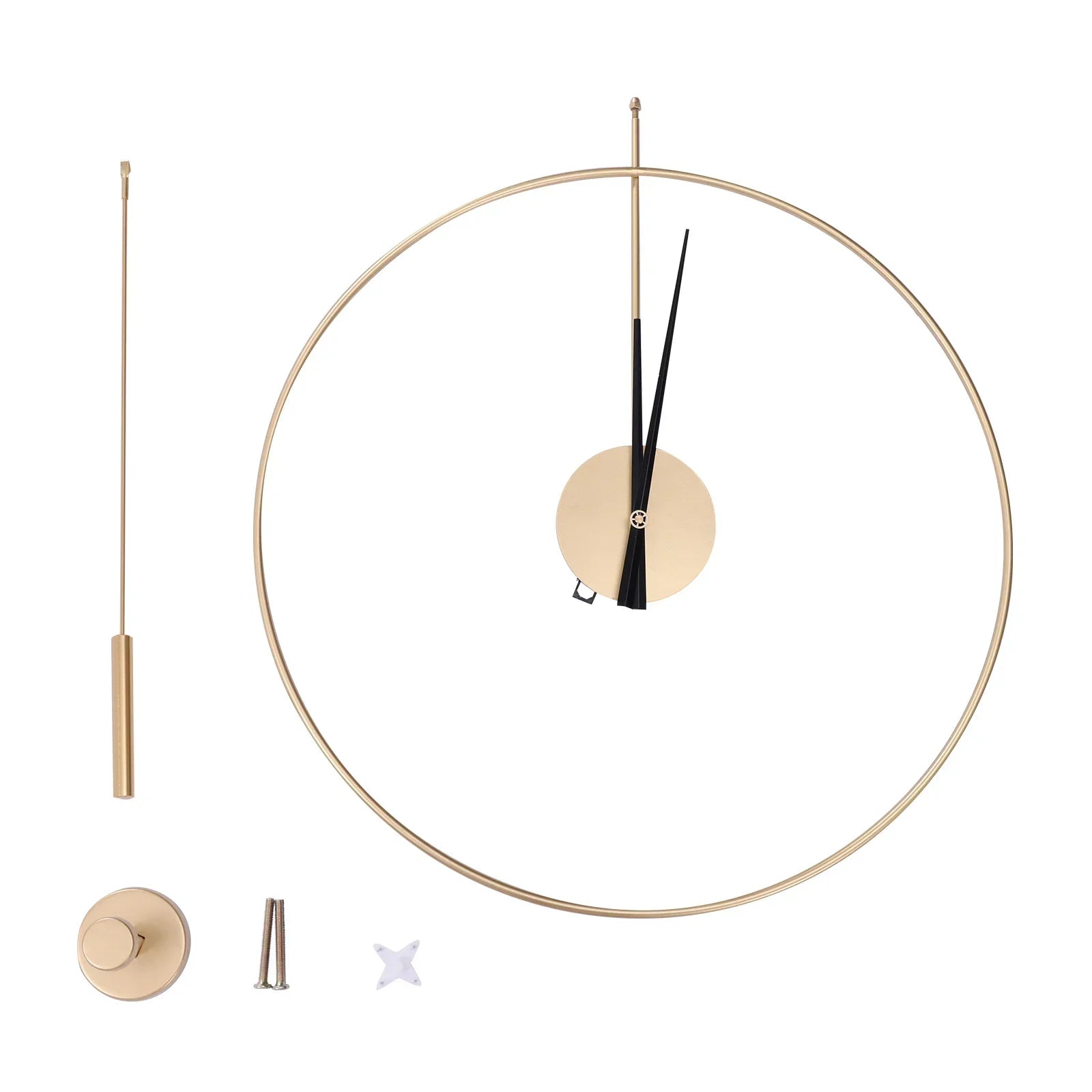 Gold Wall Clock with Pendulum Hollow Design Battery Operated Silent Quartz Movement 50cm Round for Living Room Decor