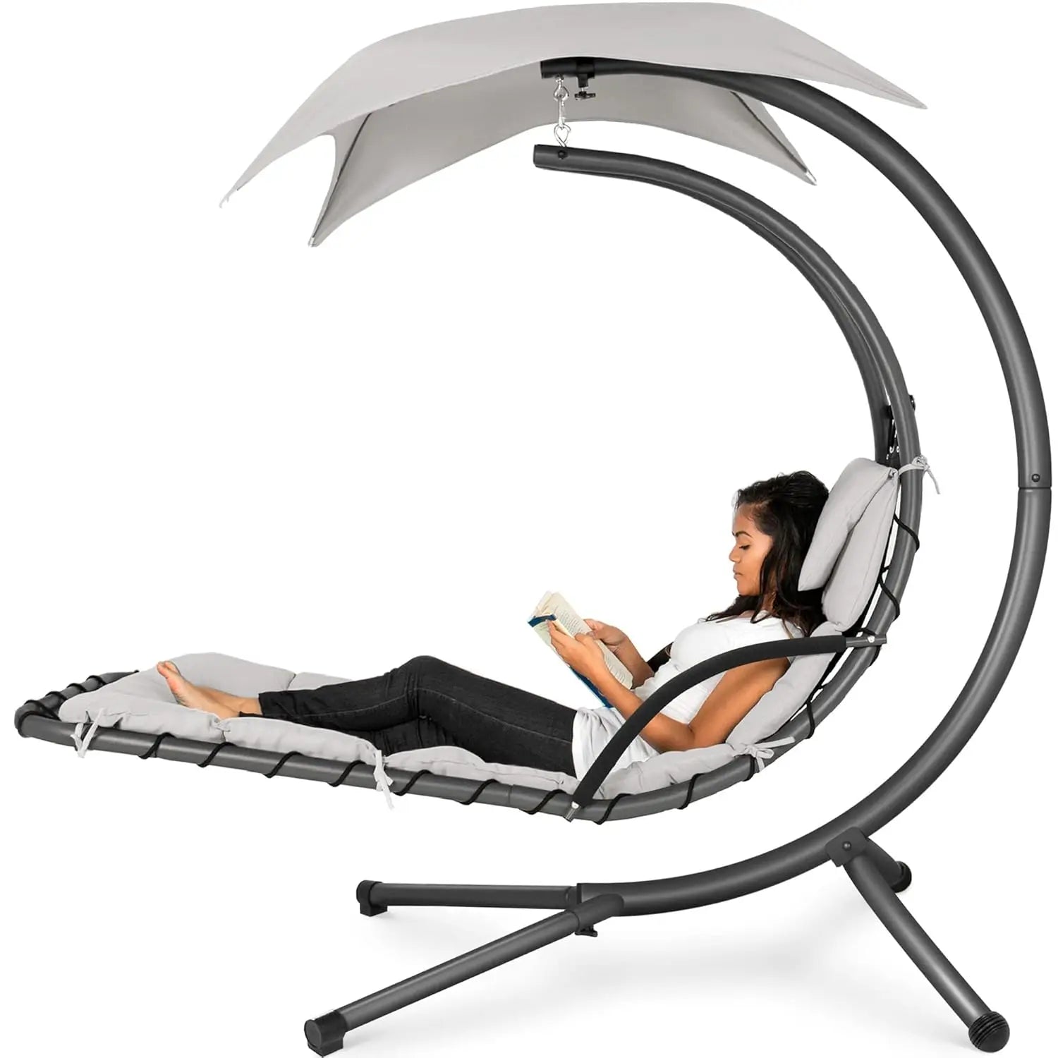 Outdoor Hanging Curved Steel Chaise Lounge Chair Swing w/Built-in Pillow and Removable Canopy - Peacock Blue, Customized