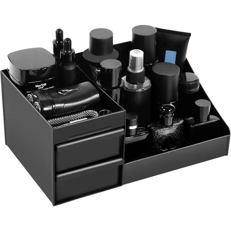 Black Skincare Organizer with Drawers Large Capacity Vanity Countertop Cosmetic Storage Box Multi Compartment Perfume Toiletry Bathroom Desktop Makeup Caddy