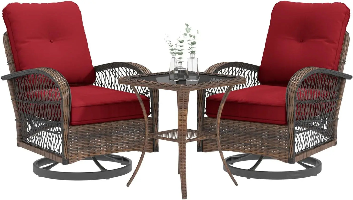 3 Pieces Patio Furniture Set, Outdoor Swivel Rocker Patio Chairs, Wicker Patio Bistro Set with Rocking Chair, Thickened Cushions