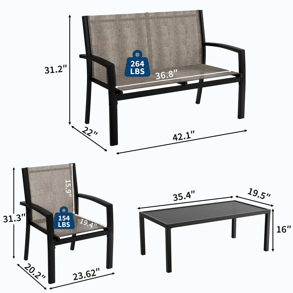 Modern 4 Piece Metal Patio Furniture Set Breathable Mesh Outdoor Loveseat &amp; Chairs With Table For Deck Apartment Porch Backyard