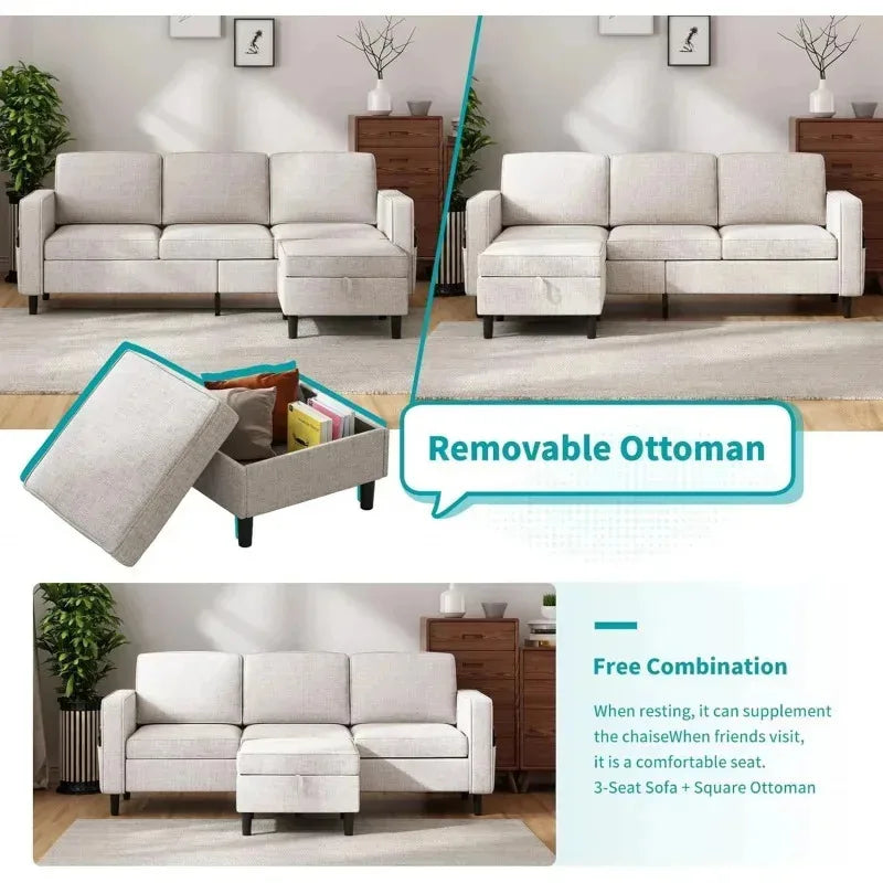 RPD4-Bus 78"W 3 piece living room couch set.3 seater sofa storage ottoman and loveseat furniture sets. modern L shaped section