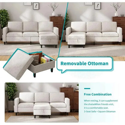 RPD4-Bus 78"W 3 piece living room couch set.3 seater sofa storage ottoman and loveseat furniture sets. modern L shaped section