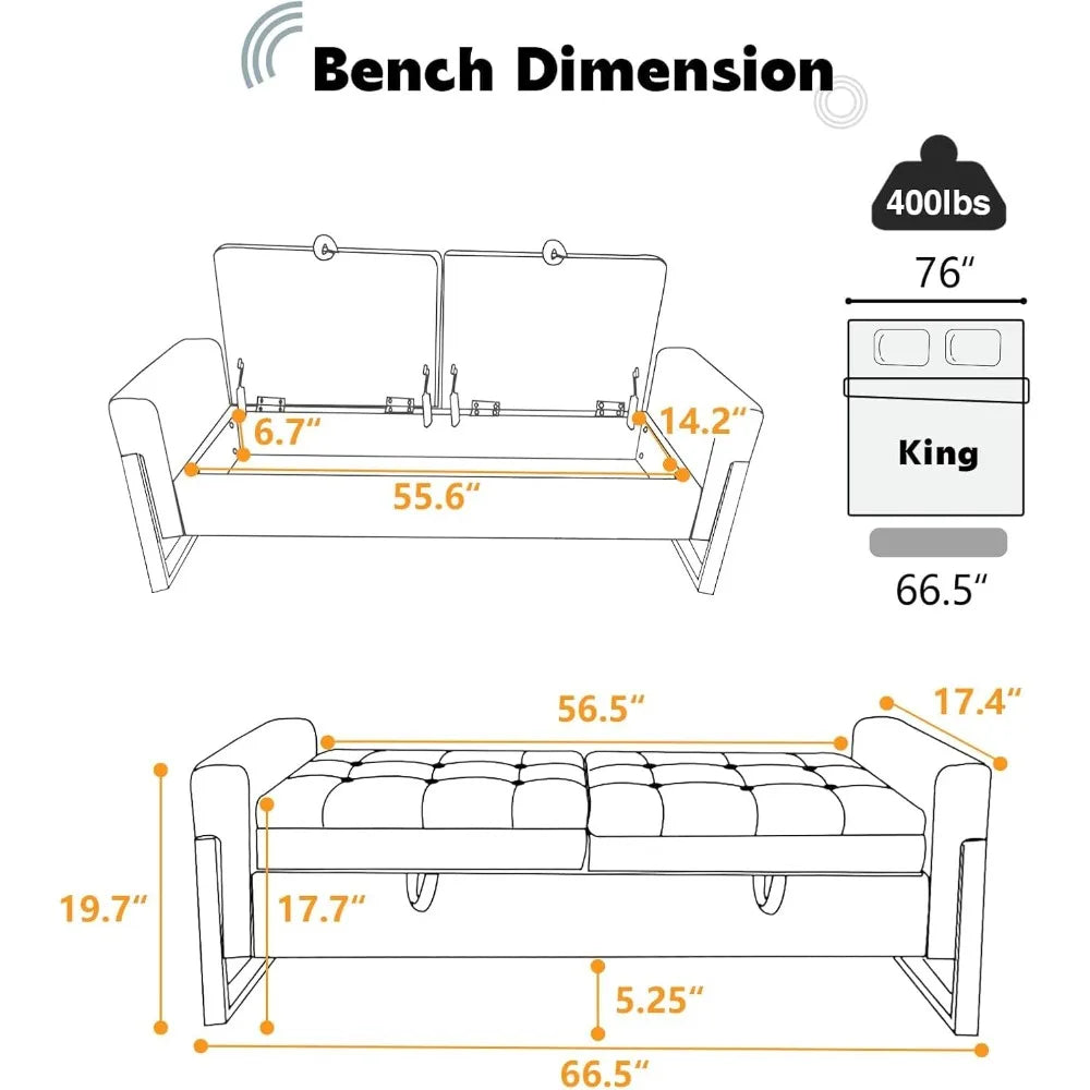 67" Storage Bench for Bedroom End of Bed, Velvet King Size Bed Bench with Double Lids and Gold Legs, Storage Ottoman Bench with