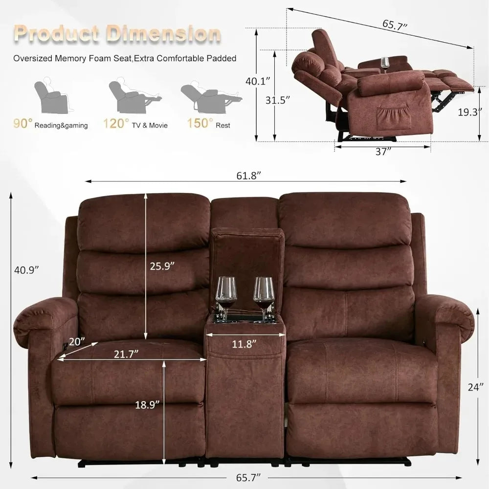 65.7-inch Manual Reclining Loveseat Sofa with Storage Console Cup Holders And Side Pockets Dual Recliner for Living Room
