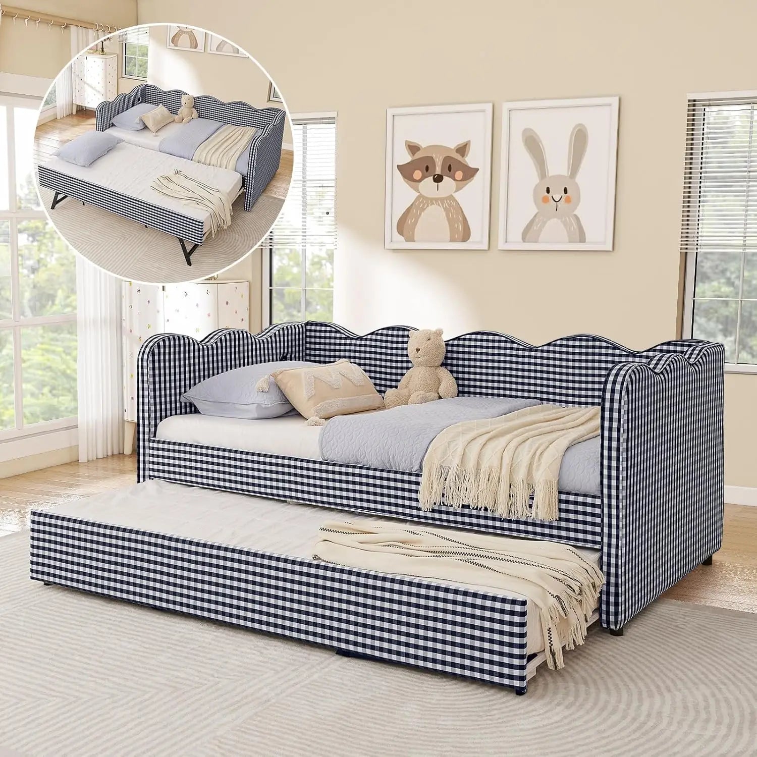 Twin Daybed Pop Up Trundle Linen Upholstered Convertible Sofa Bed Guest Room No Box Spring Customized