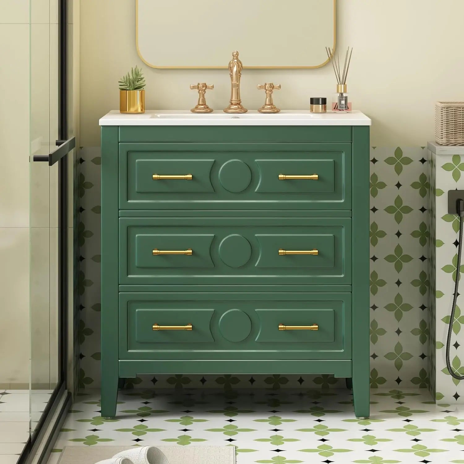 30in Solid Wood Bathroom Vanity Ceramic Sink Storage Cabinet Tip-Out &amp; 2 Full-Extension Drawers Bath Powder Room Customized