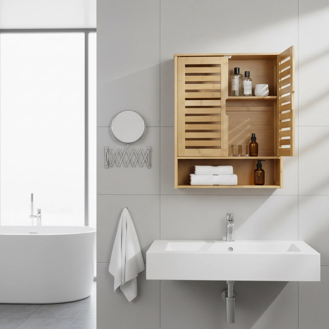 Wisfor Wall Mounted Bamboo Bathroom Cabinet Over Toilet 2 Doors