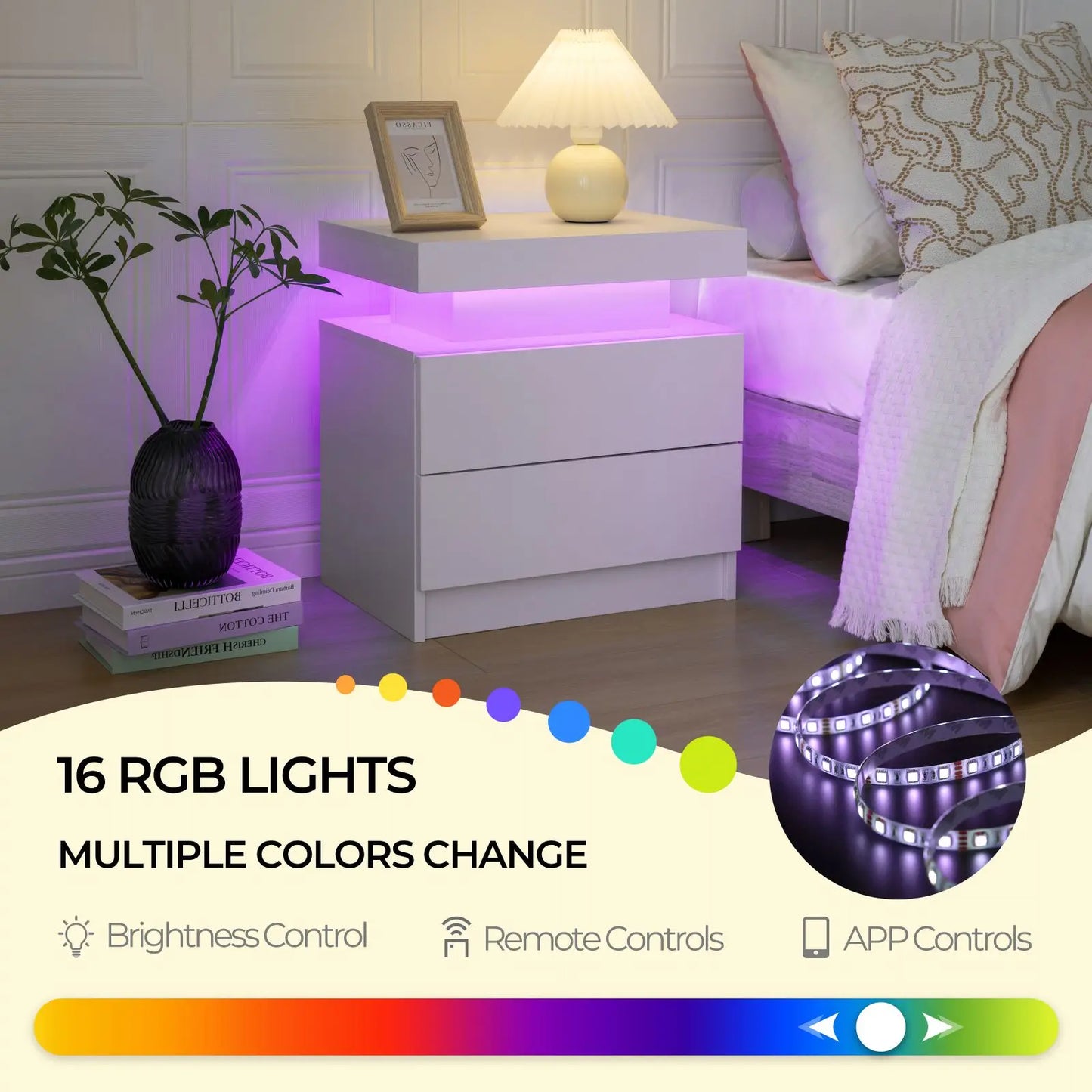 Cubehom LED Nightstand With 2 Drawers And RGB Ambient Lighting