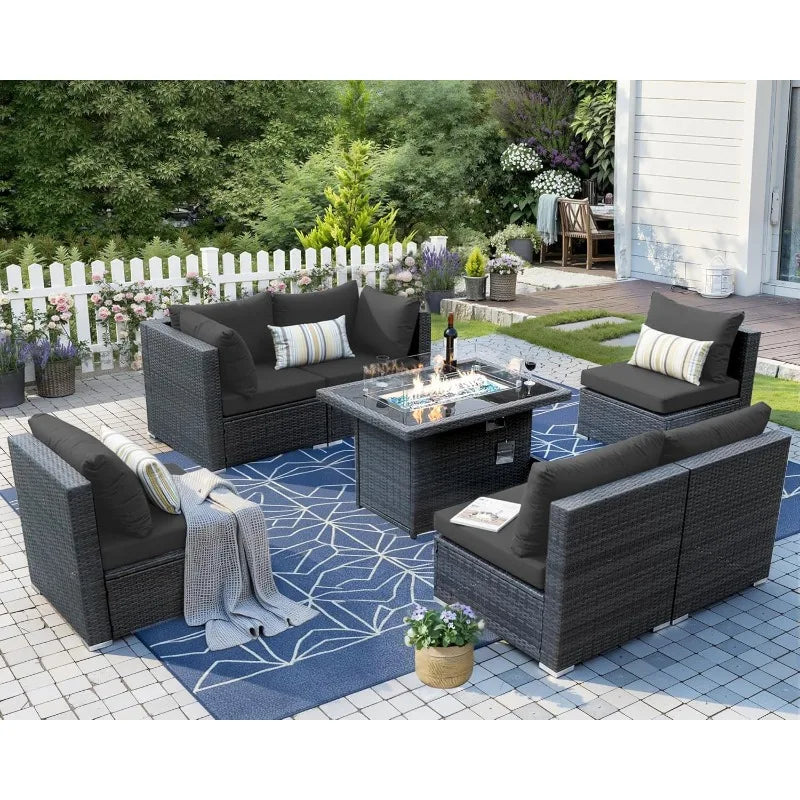 Extra Large Rattan Patio Furniture Set with Gas/Propane Fire Pit Table, 29.3'' High Back Comfy Outdoor Sofa Conversatio