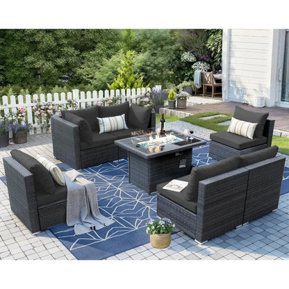 Extra Large Rattan Patio Furniture Set with Gas/Propane Fire Pit Table, 29.3&