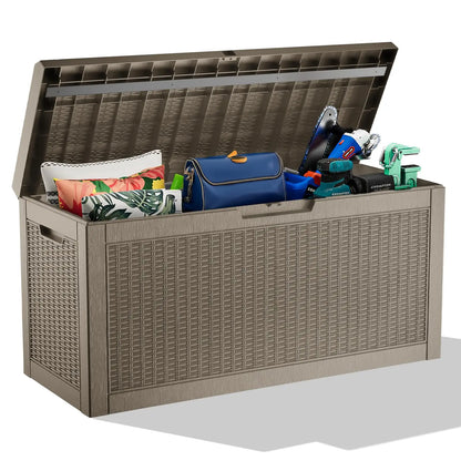 320 Gallon Waterproof Outdoor Storage Box, UV Resistant Resin Deck Box with Hydraulic Rod for Reinforced Stability, Perfect=