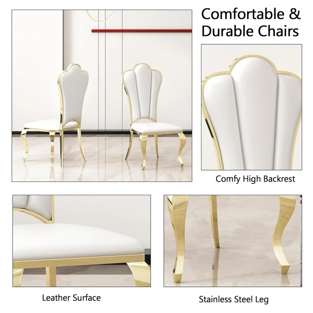 Modern Dining Chair Set of 4, Retro Luxury Leather Dining Room Chairs, Upholstered White Dining Chairs with Gold, Customized