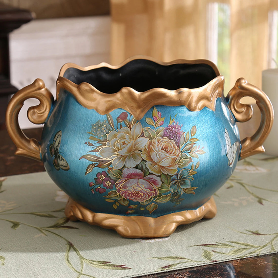 Europe Retro Ceramic Vase with Handle for Home Bedroom Living Room Decor (blue)