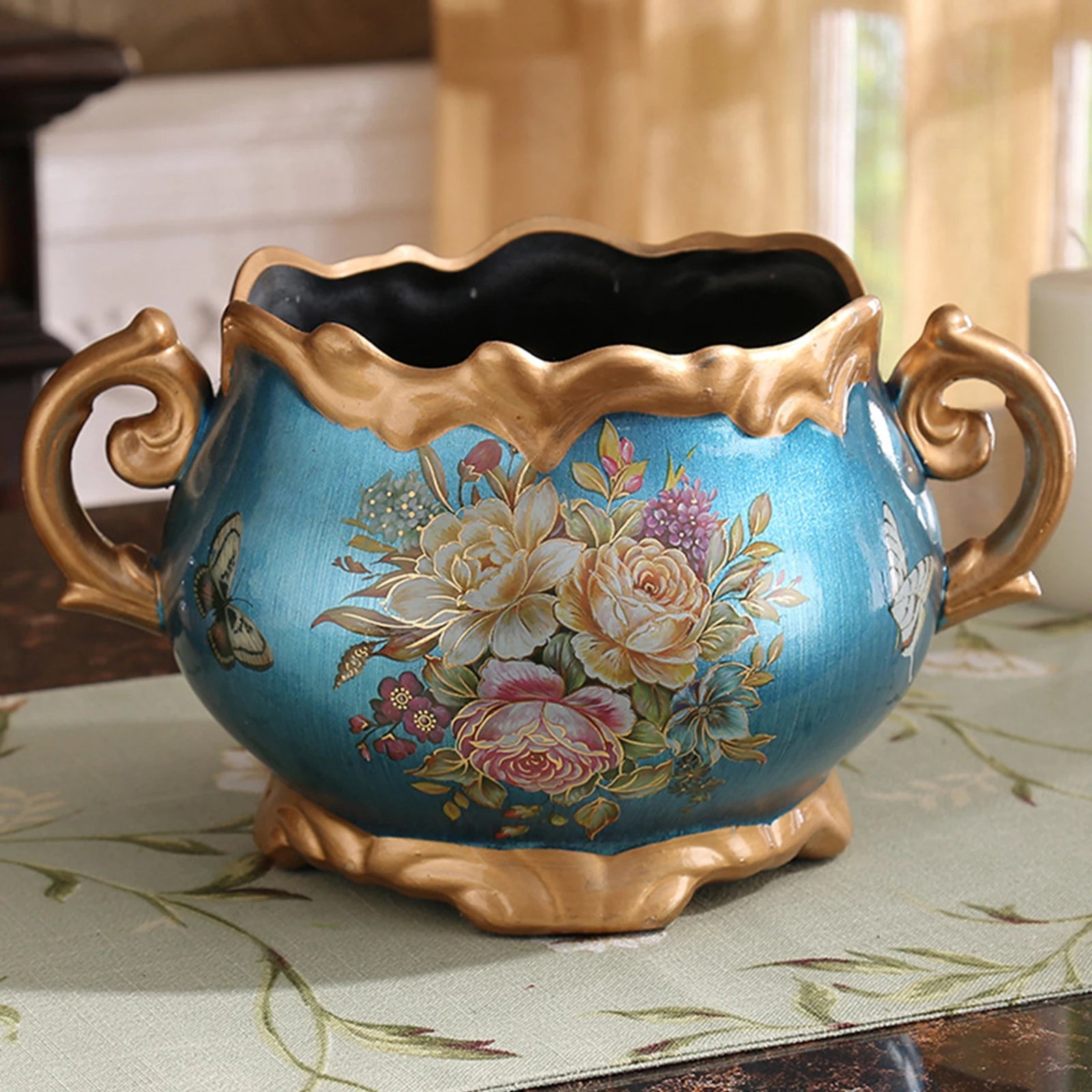 Europe Retro Ceramic Vase with Handle for Home Bedroom Living Room Decor (blue)