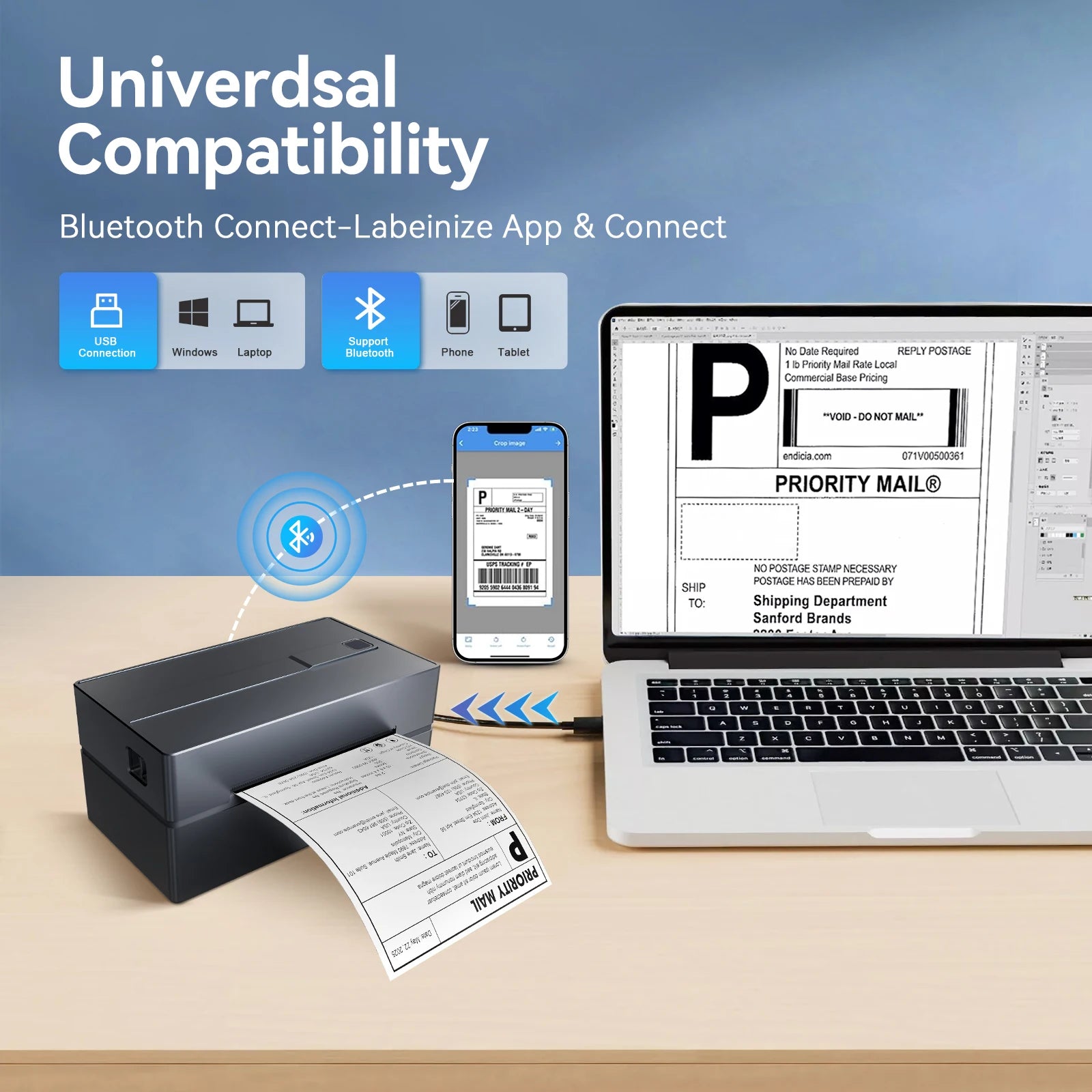 Thermal Label Printer Portable No Ink Required 203DPI 4x6 for Small Business Bluetooth USB High Speed Express Airway Bill