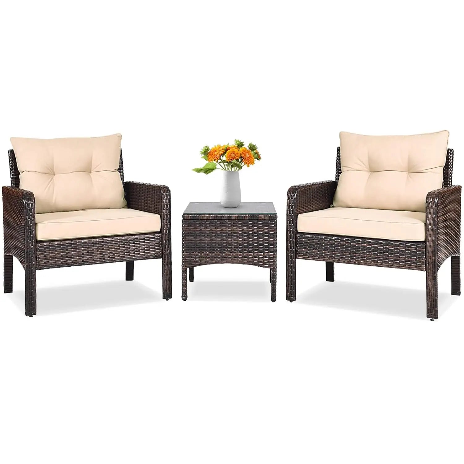 3 Piece Outdoor Patio Furniture Set, Wicker Chairs Set with Glass Top Coffee Table, Thick Cushions, All Weather, Customized
