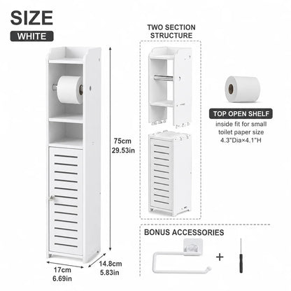 Slim Bathroom Storage Cabinet with Toilet Paper Holder, Narrow PVC Floor Storage Organizer with Shelves and Door, Space-Saving Freestanding Toilet Paper Storage Rack for Small Bathrooms