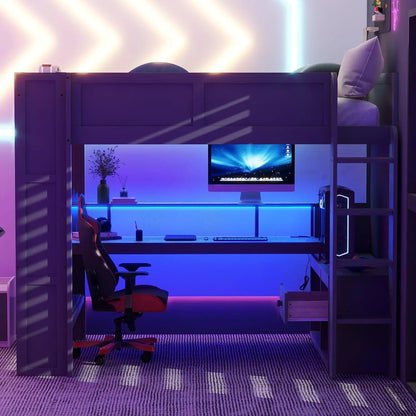 Full Wood Gaming Loft Bed Desk Storage Shelves LED Charging Station Kids Bedroom No Box Spring, Customized