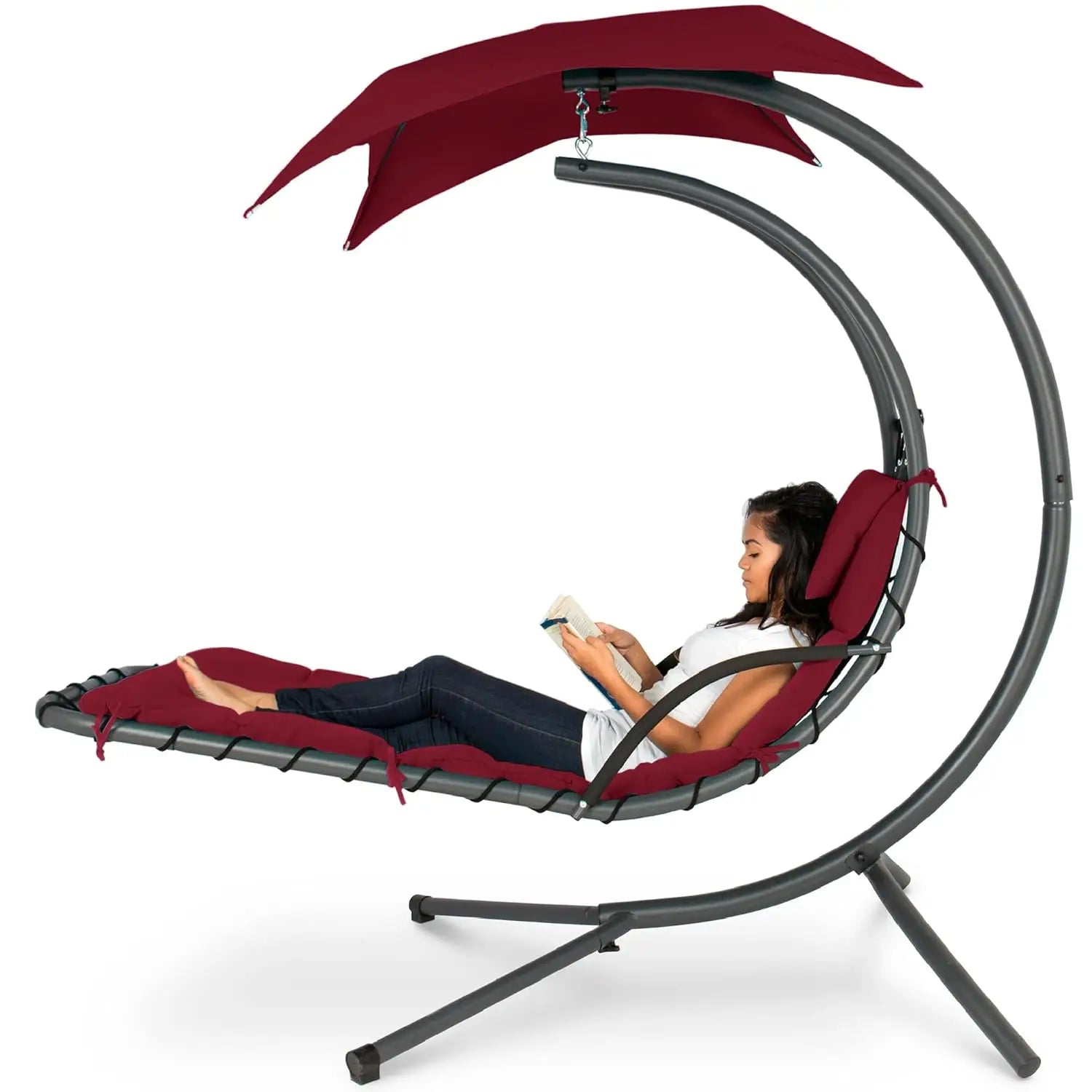 Outdoor Hanging Curved Steel Chaise Lounge Chair Swing w/Built-in Pillow and Removable Canopy - Peacock Blue, Customized