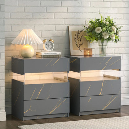 Cubehom LED Bedside Tables with Three Drawers for Bedroom