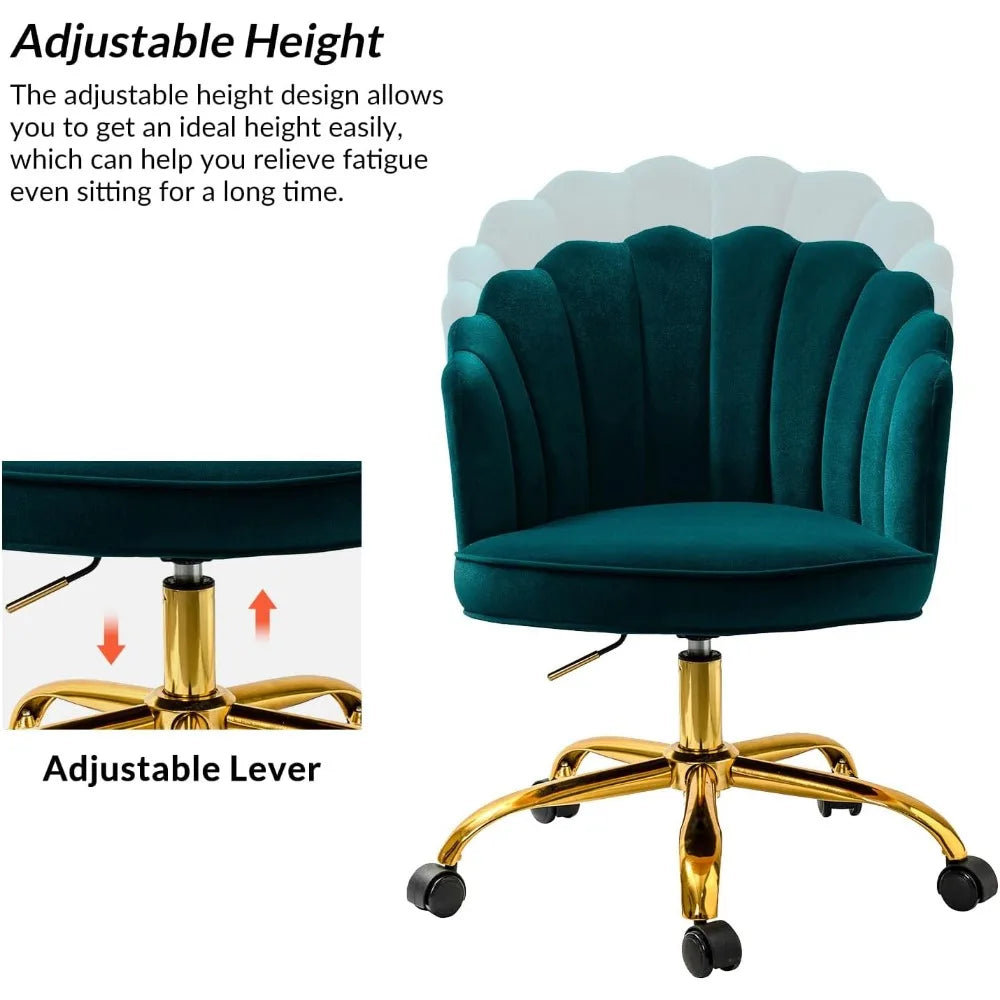 Velvet Home Office Chair with Gold Base, Womans Modern Cute Shell Back Upholstered Desk Chair for Vanity, Adjustable