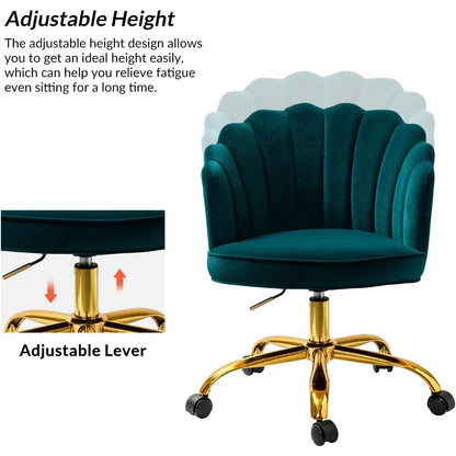 Velvet Home Office Chair with Gold Base, Womans Modern Cute Shell Back Upholstered Desk Chair for Vanity, Adjustable