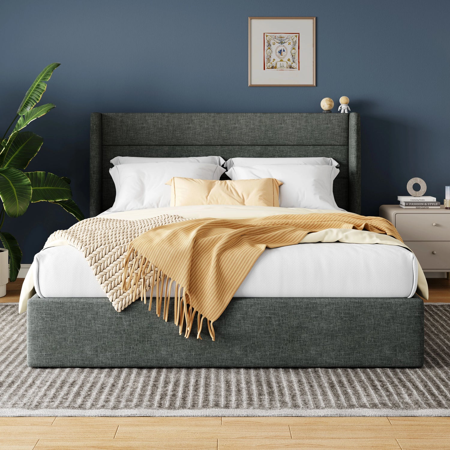 HOOMIC Lift Up Storage Bed With Wingback Headboard Hydraulic Lift