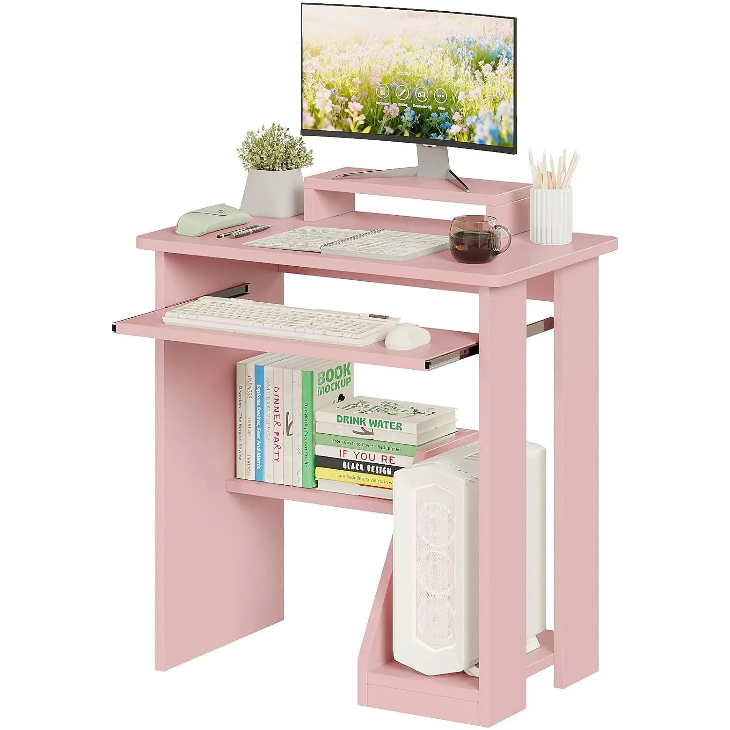 30" Small Computer Desk with Keyboard Tray Monitor Stand, Study Writing Desk with Storage Shelves, Modern Workstation for Small