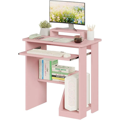 30" Small Computer Desk with Keyboard Tray Monitor Stand, Study Writing Desk with Storage Shelves, Modern Workstation for Small